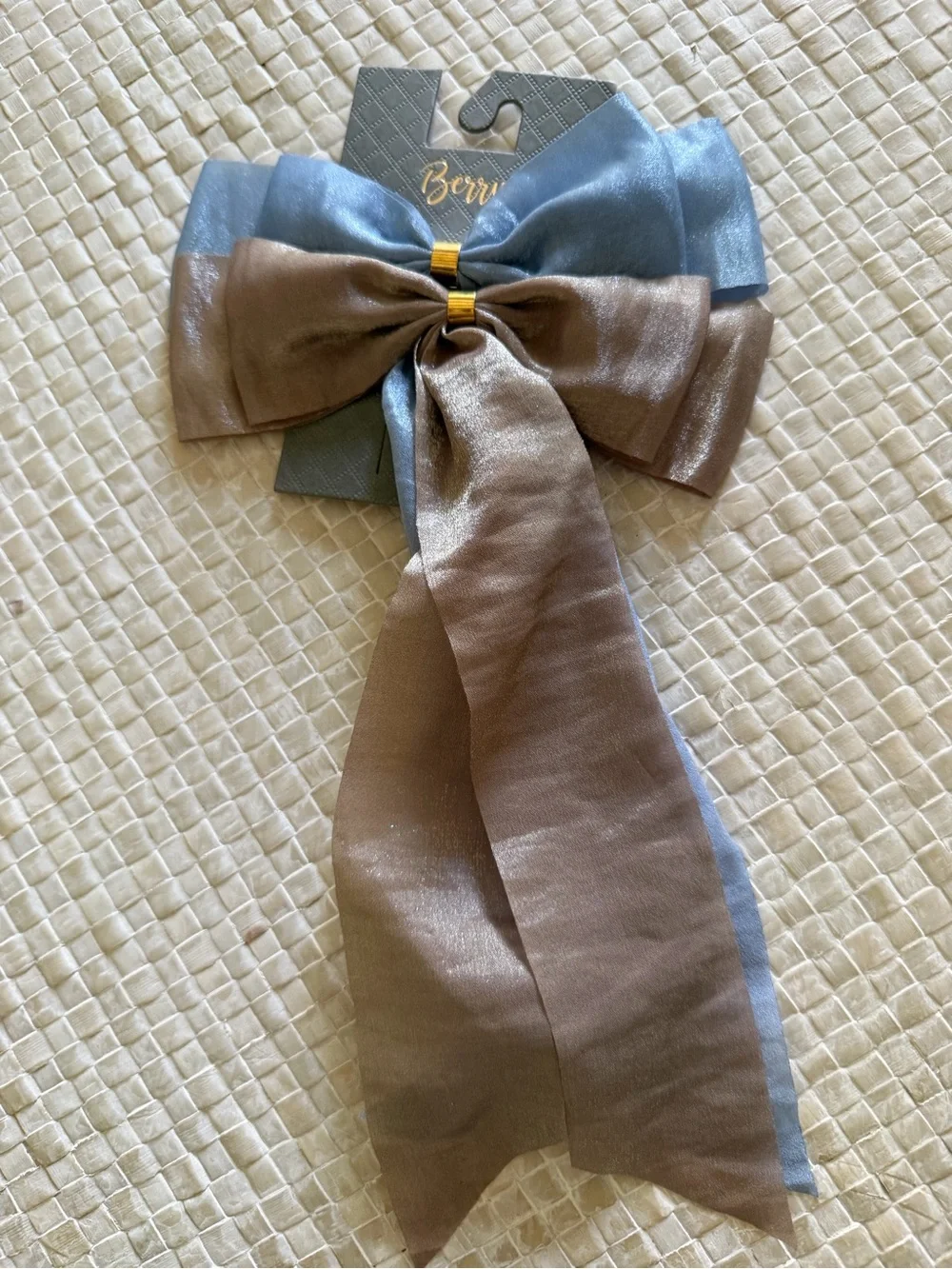 NWT Berry Set of 2 Oversized Satin Bow Hair Clips Blue Taupe Coquette